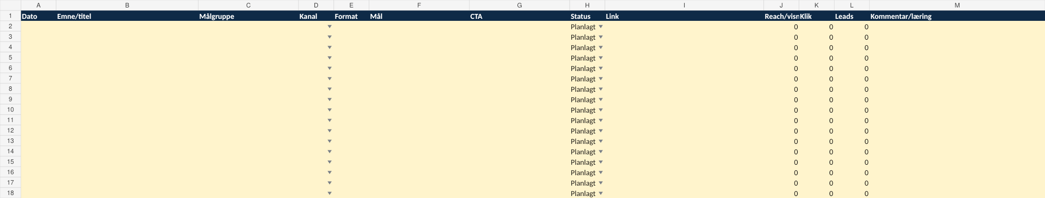 Preview af Content- og marketingplan i Excel